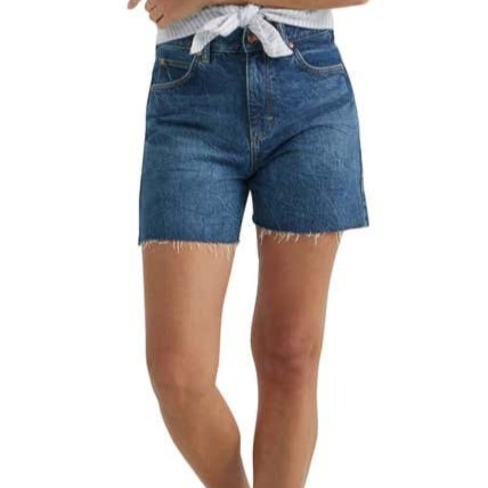NWT Lee Rider Raw Hem Mid Rise Loose 5" Blue Denim Cutoff Shorts Women's Size 25